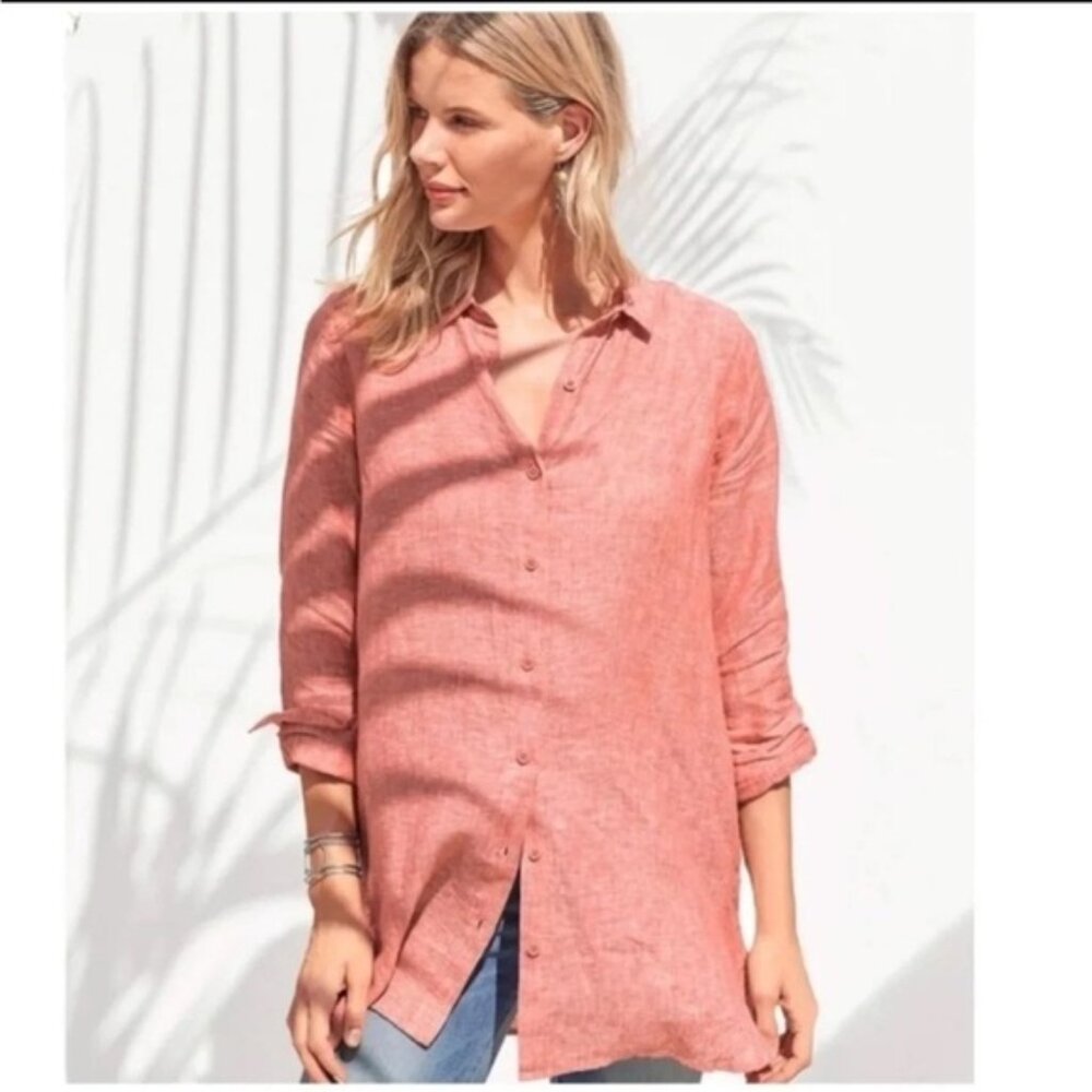 Garnet Hill 100% Linen Button-up Shirt Long Sleeve size 16 Boho Resort Lagenlook
